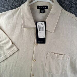 NWD Nautica Men’s Knit Button Up Shirt Yellow Cotton Large Beach Short Sleeve